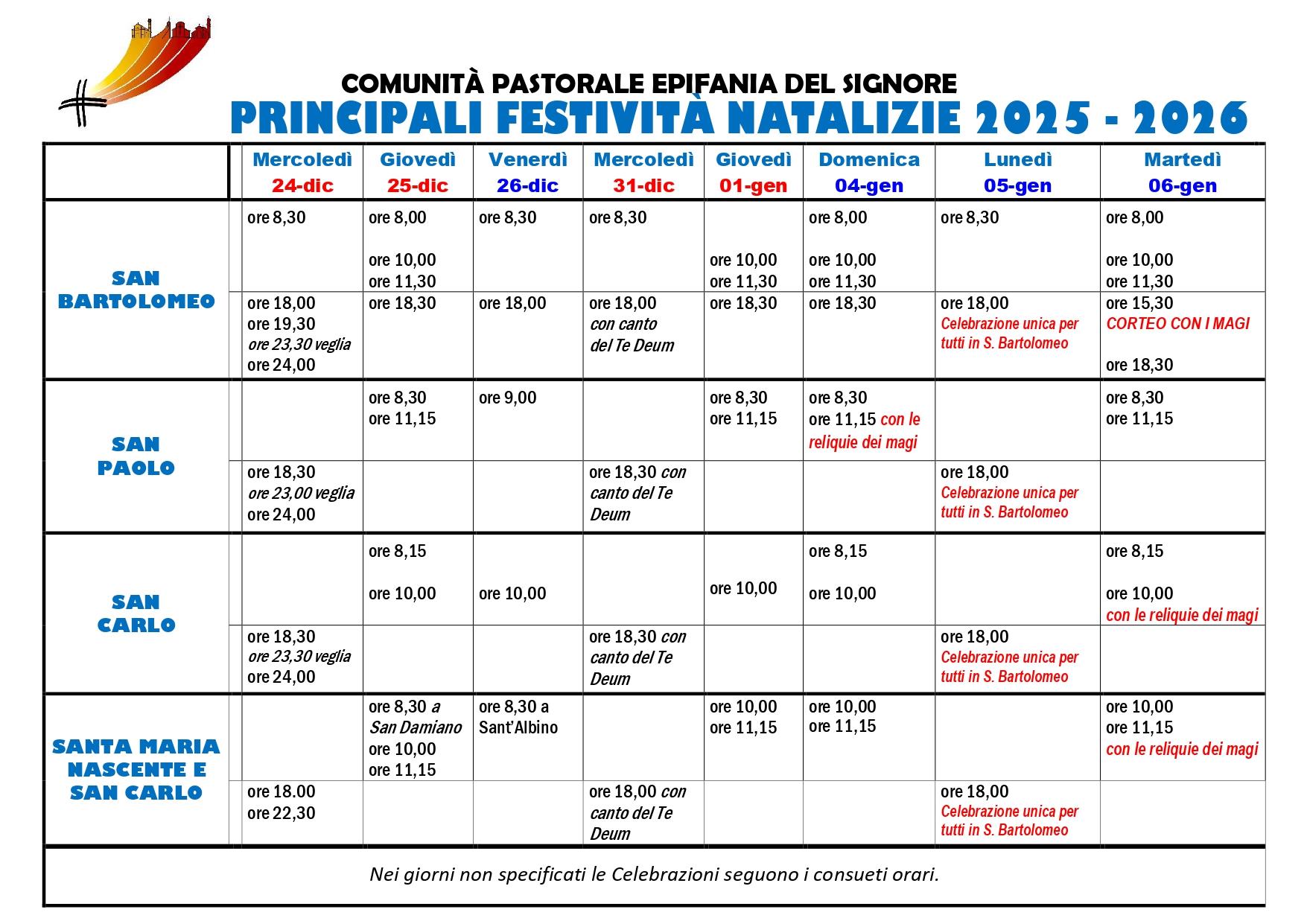 Tabella orari celebrazioni Natale ed Epifania Comunita Pastorale